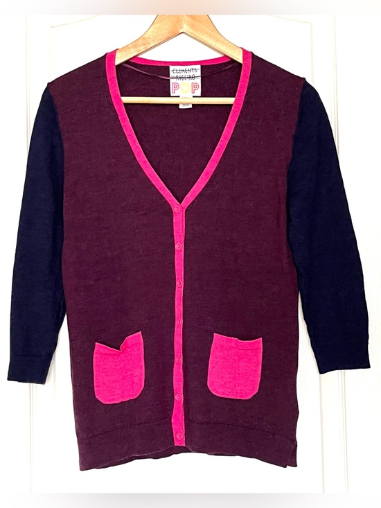 Clements Ribeiro Sweaters - Clements Ribeiro POP Colorblock Woolmark Merino Wool Cardigan Size M Plum